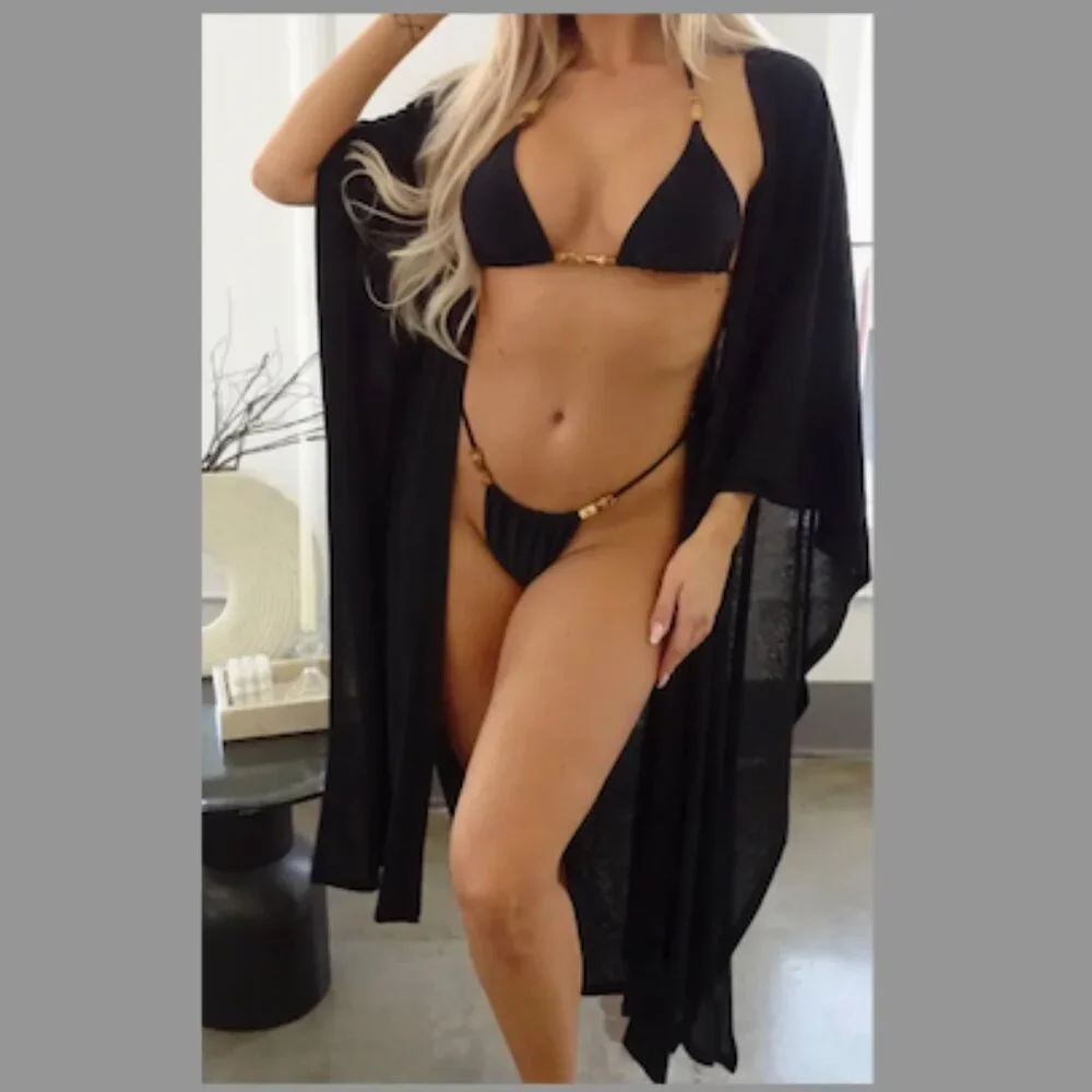 Women's Black Swimsuit Cover Robe With Belt NEW - Picture 2 of 3